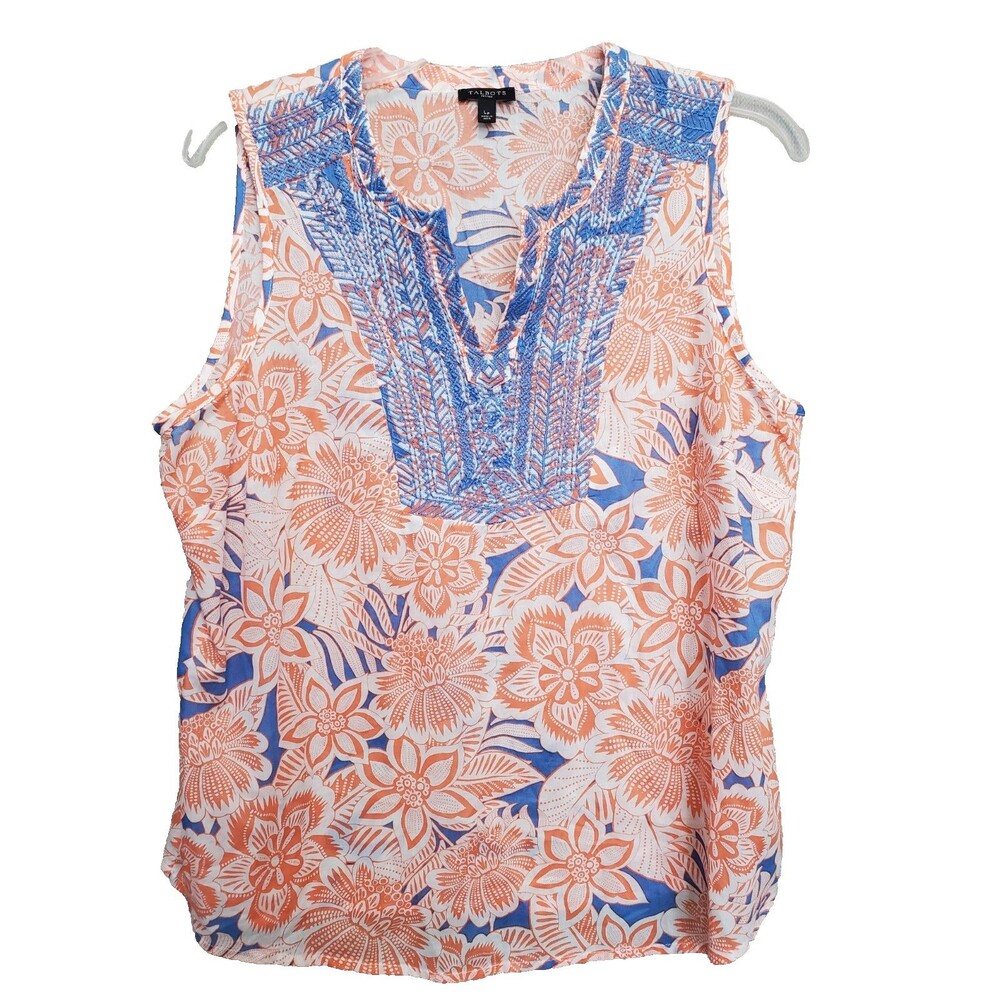 Talbots Petite Orange & Blue Embroidered Split Neck Sleeveless Blouse Size LP